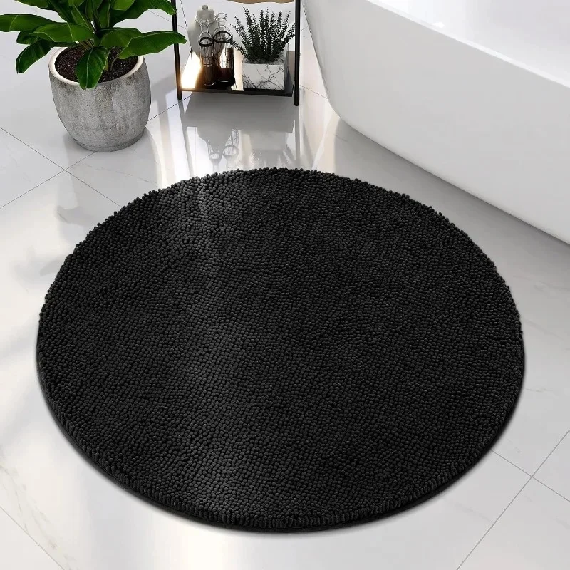 

Round Soft Chenille Shaggy Bathroom Rug, Extra Absorbent Non-Slip Bath Mat, Machine Washable, Black, 3 Ft