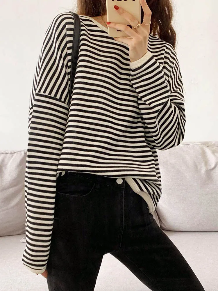 2023 Autumn Casual Striped Pullovers Women Knitted Cotton Sweatshirts Female Long-sleeved Loose Tops Tee Shirt Femme