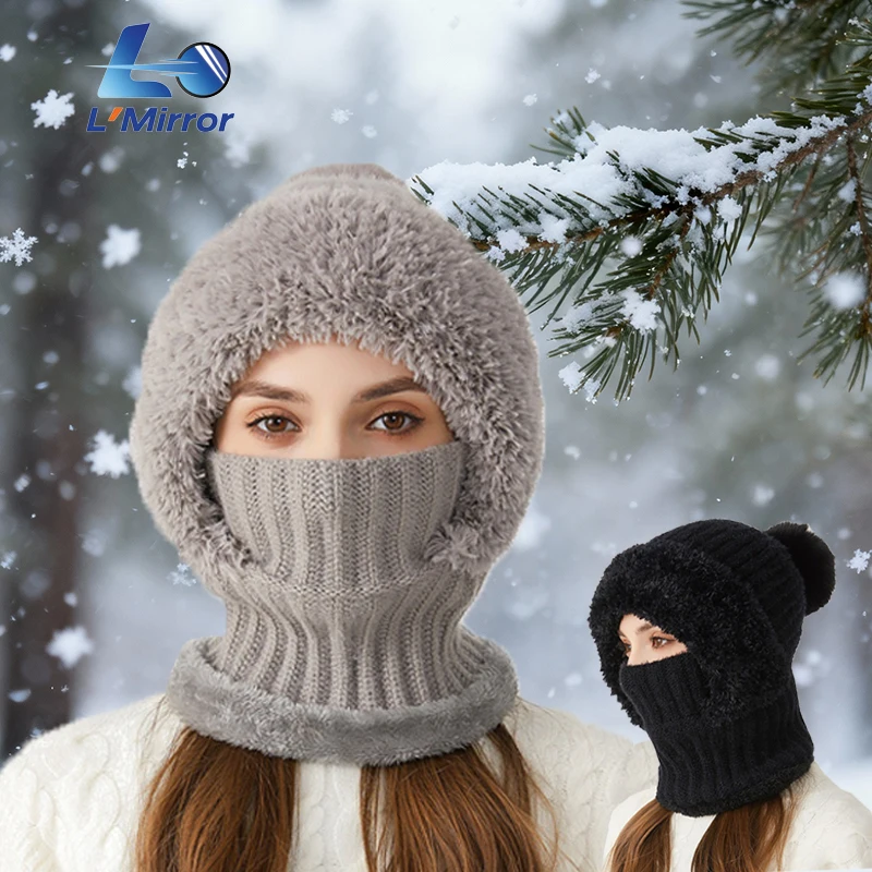 

L●Mirror Women's Winter Knit Beanie with Fleece Lining, Hooded Scarf Hat Warm for Skiing and Cold Weather Outdoor Activities