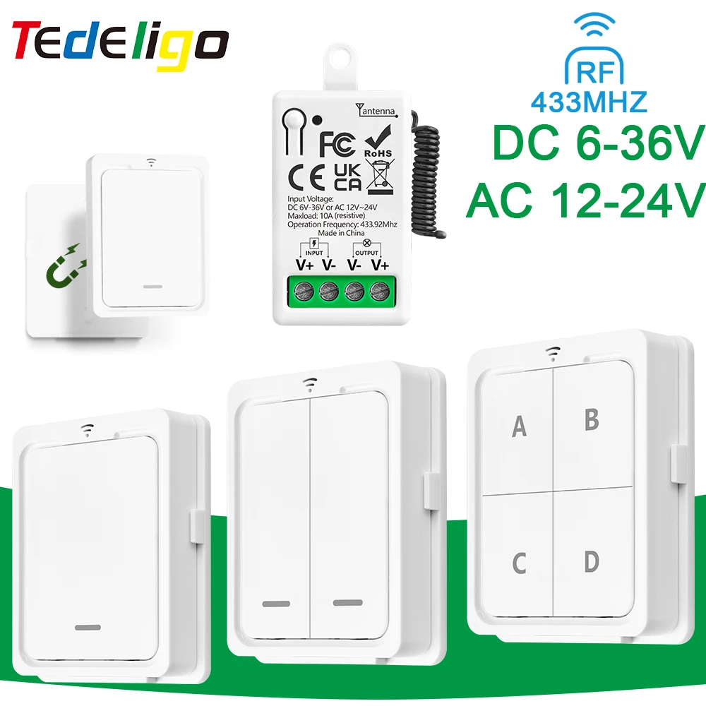Universal Wireless Remote Control Switch DC 12V 24V 36V RF 433 Mhz Relay Receiver DIY Mini Module for Garage Door LED Lighting