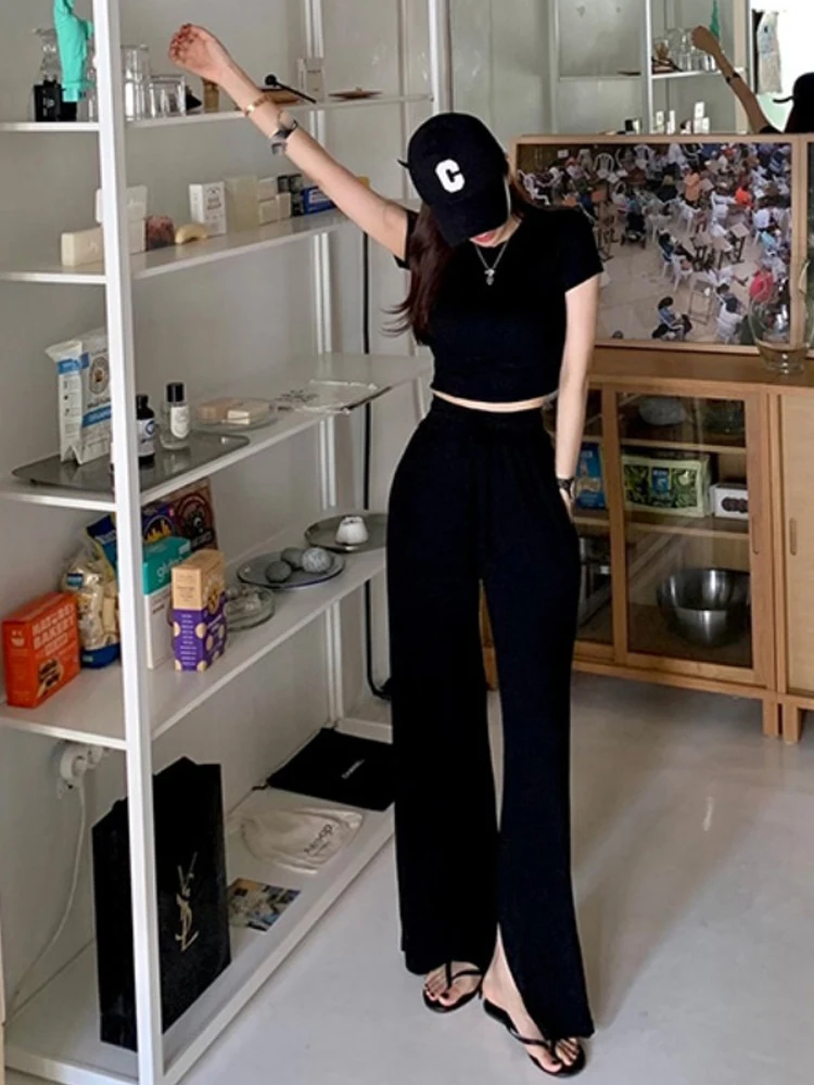 طقم نسائي أنيق مكون من تي شيرت قصير ضيق وبنطلون واسع الساق بخصر مرتفع وياقة مستديرة #4