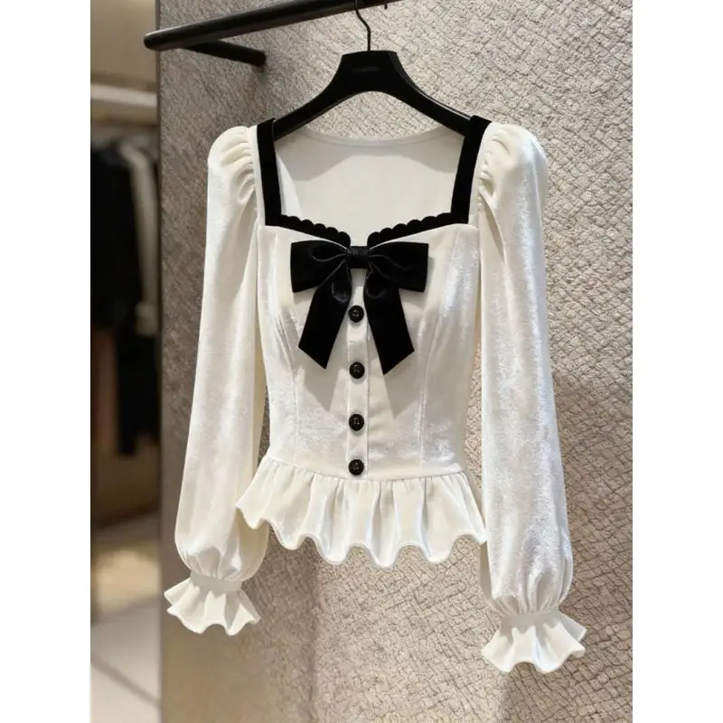 Temperament Bow Contrast Patchwork Long Sleeve Tops Tees Autumn Winter New Button Elegant T Shirts Fashion Korean Women Clothing