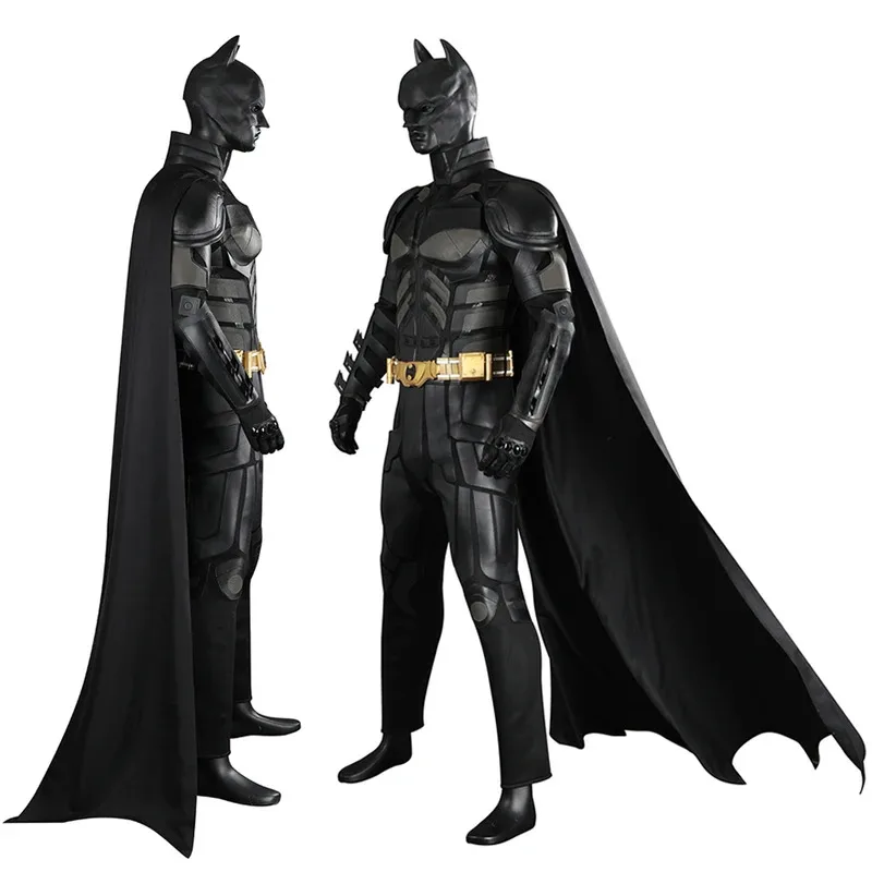

Hero Armor Outfit Christian Bale Bruce Cosplay Costume Black Leather Jumpsuit Boots With Cowl Male Superhero Halloween Suit