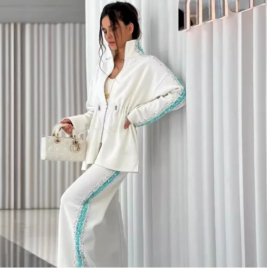 Two Piece Set Women Autumn Winter Fashion Patchwork Sequins Contrasting Long Sleeves Zipper Coat Casual Wide Leg Pants Outfi
