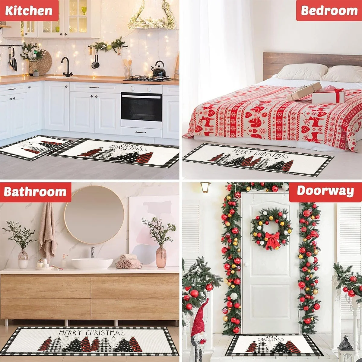 Christmas Kitchen Rugs, Plaid Pattern Kitchen Runner Rug for Kitchen Decoration Home 2024 Navidad Noel Gifts New Year 2025