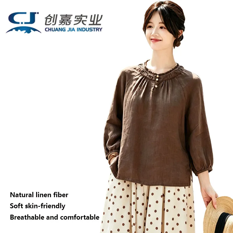 Natural Linen Lady's T-shirt, Elegant and Graceful Round-neck Top, Suitable for Outdoor Leisure and Comfort  Breathable