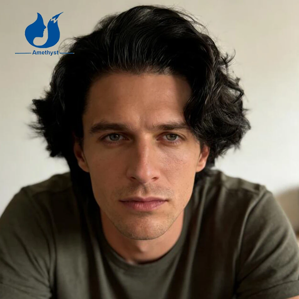

Amethyst Pre Cut Natural Black Male Real Human Hair Wig Brazilian Remy Hair System Replacement for Men Full Lace Wig Loose Wave