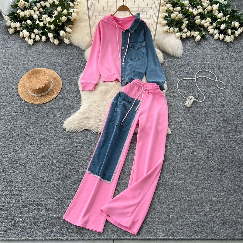 Women 2 Piece Contrast Patchwork Outfit, Denim Spliced Hoodie & High Waist Denim Patch Wide Leg Pants Set Streetwear Tracksuit