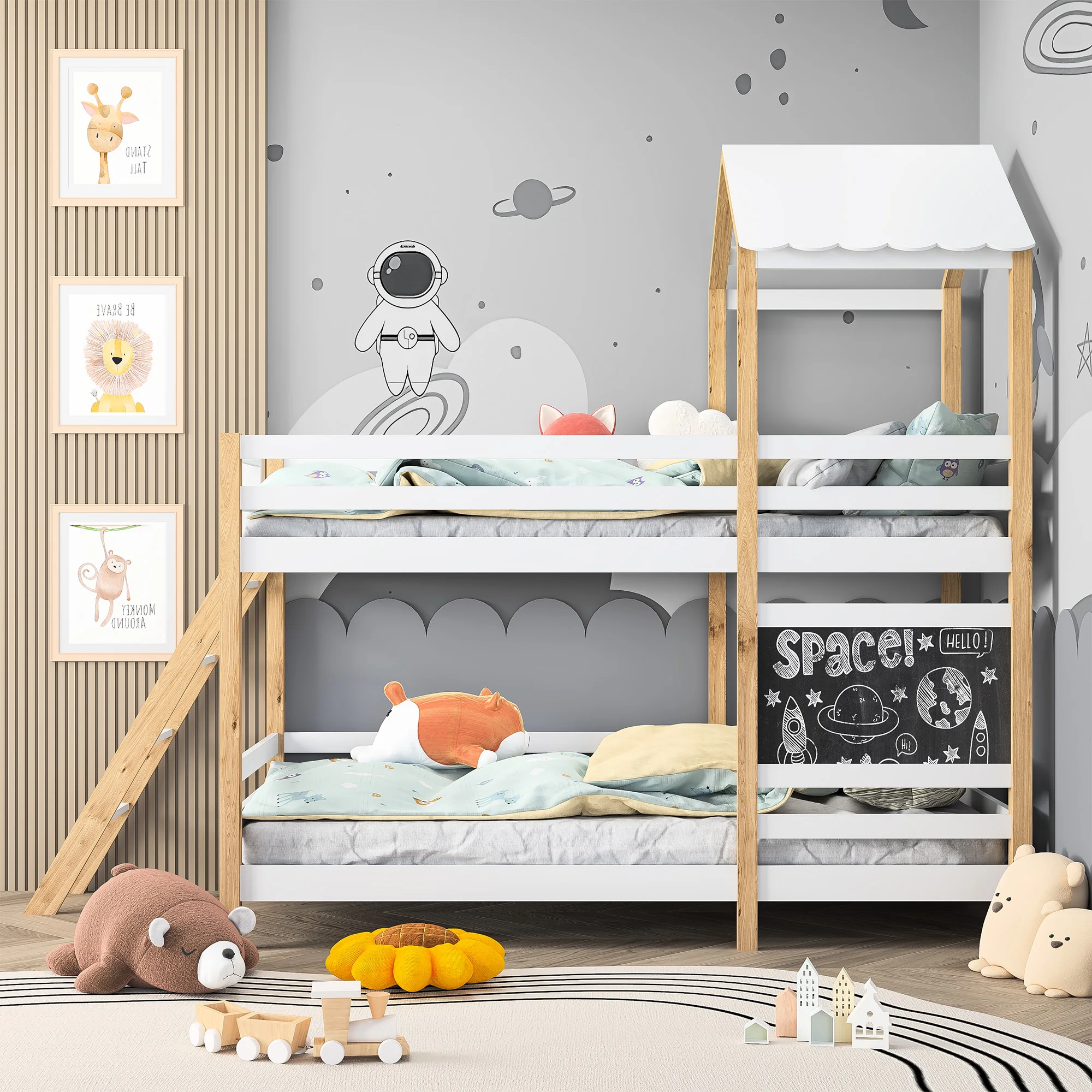 200x90cm Double bed with stairs and blackboard, bed with fence, bed with children's Roof Design, loft bed for children - white