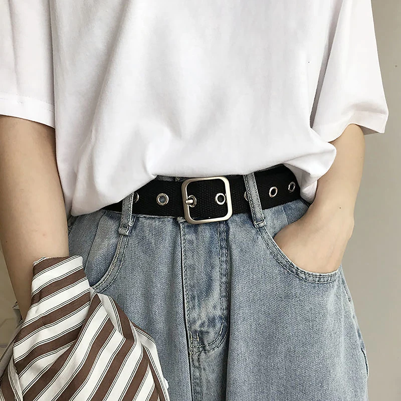 Alloy Heart Square Round Buckle Hollow Unisex Belt Versatile Decorative Canvas Jeans Women's Belt Fashion Ins Style Black Belt