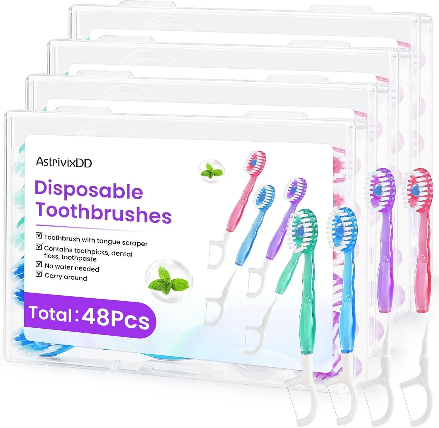 

48 Pack 5-in-1 Mini Toothbrush Disposable, Waterless Disposable Toothbrushes with Toothpaste, Floss, Tongue Scraper, Toothpick,