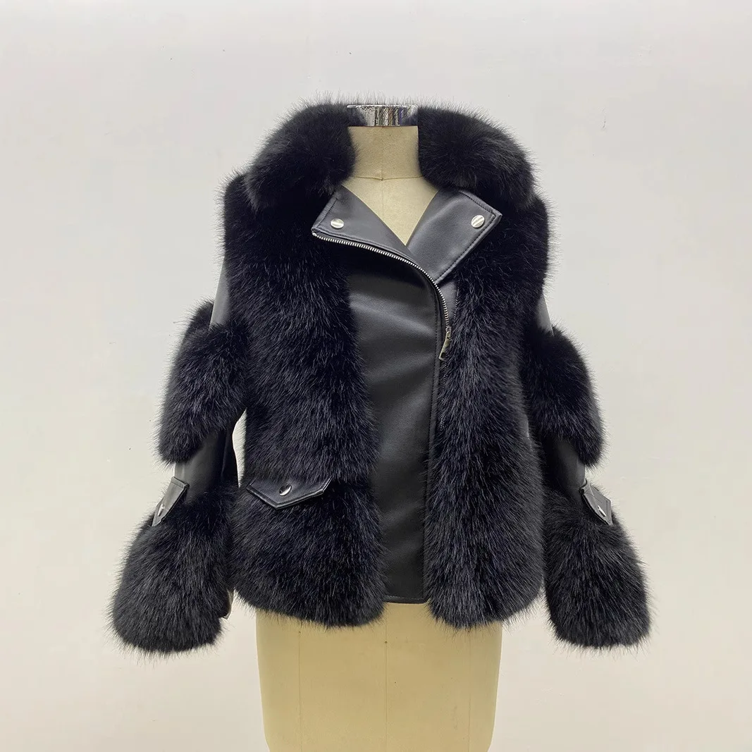 

Office Lady Faux Fox Fur Winter Women Short Zipper Jacket Female Imitation Leather Stitching Model One Fur Parkas Biker Overcoat