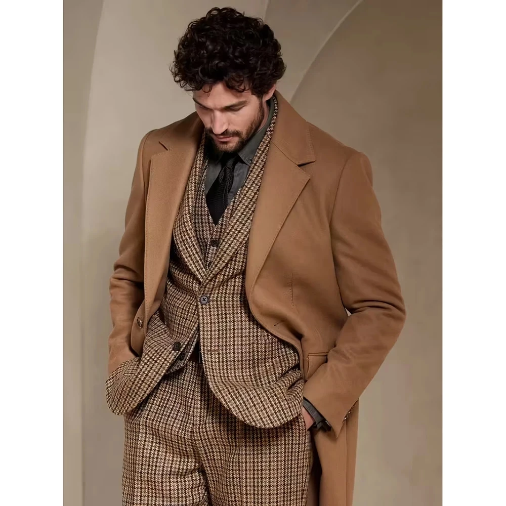 

Warm Houndstooth Men Suits 3 Pieces Jacket Vest Pant Sets Single Breasted Notch Lapel Male Wedding Groom Formal Custom Clothing