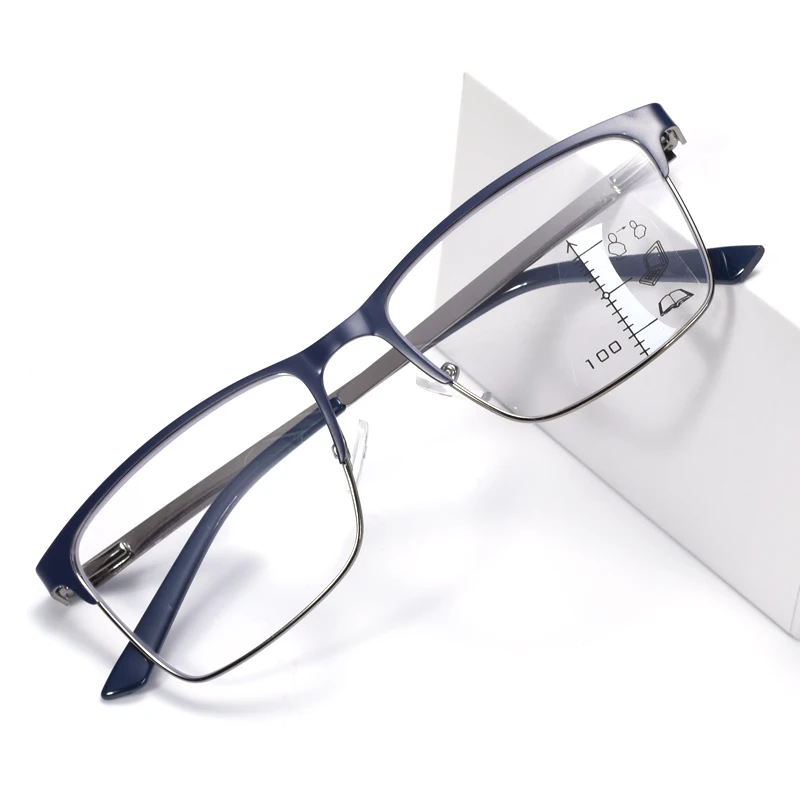 Blaue Fassung, multifokale Gleitsicht-Lesebrille, Anti-Blaulicht-Multifokalbrille für ältere Menschen, Herren- und Damenbrille mit großem Rahmen