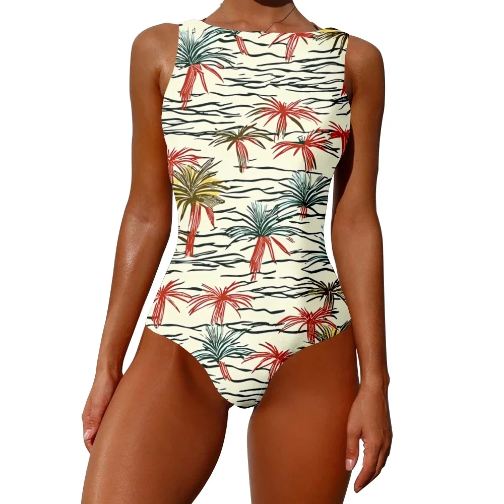 

Coconut Tree Printed One-Piece Swimsuit High-waist Tummy Control Beachwear Vacation Essentials Removable Pads Plus Size Swimwear