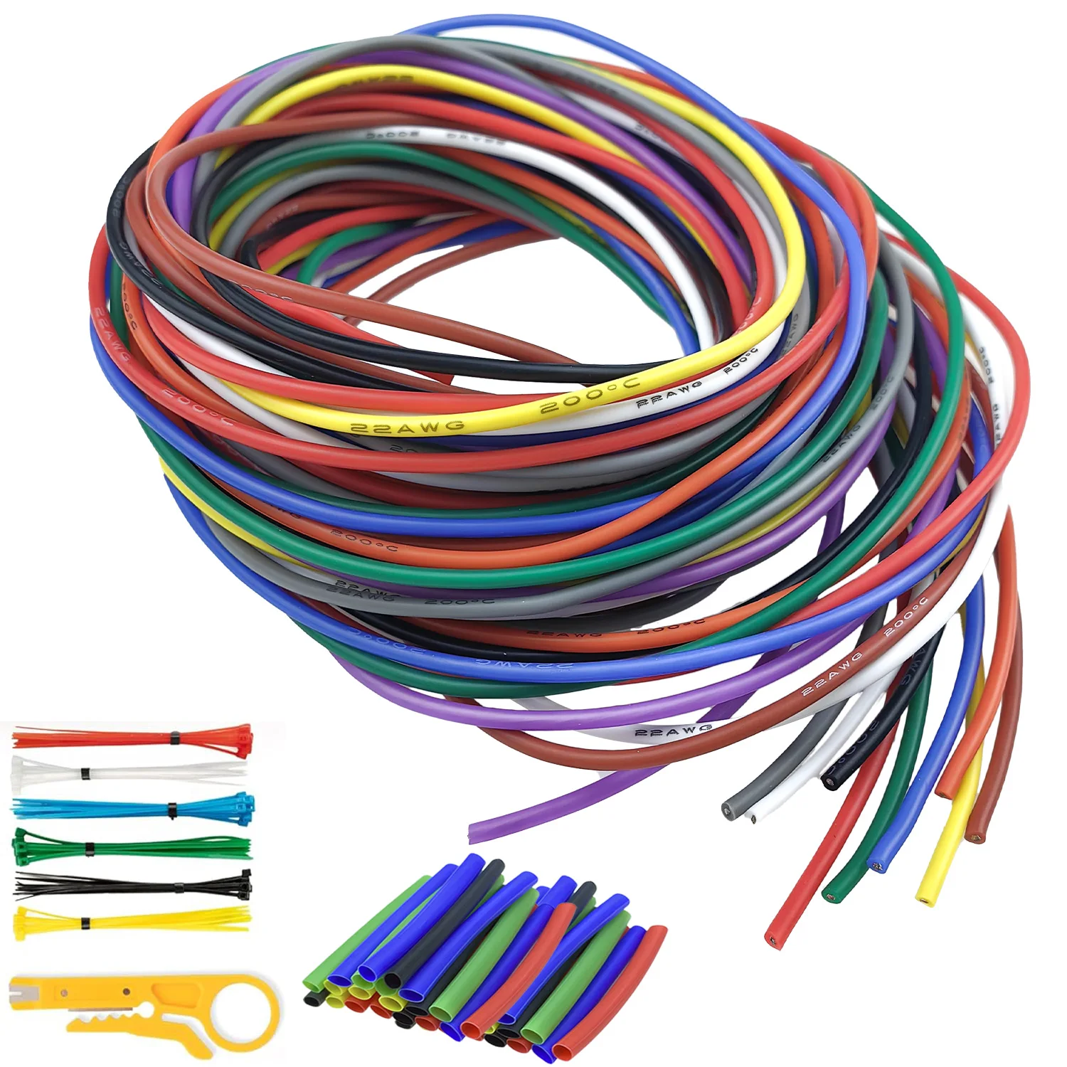 

10 цветов, 10 футов каждый 16, 18, 20, 22, 24, 26 28, 30 AWG, силиконовый электрический провод с набором инструментов, гибкий многожильный луженый медный провод 22 AWG