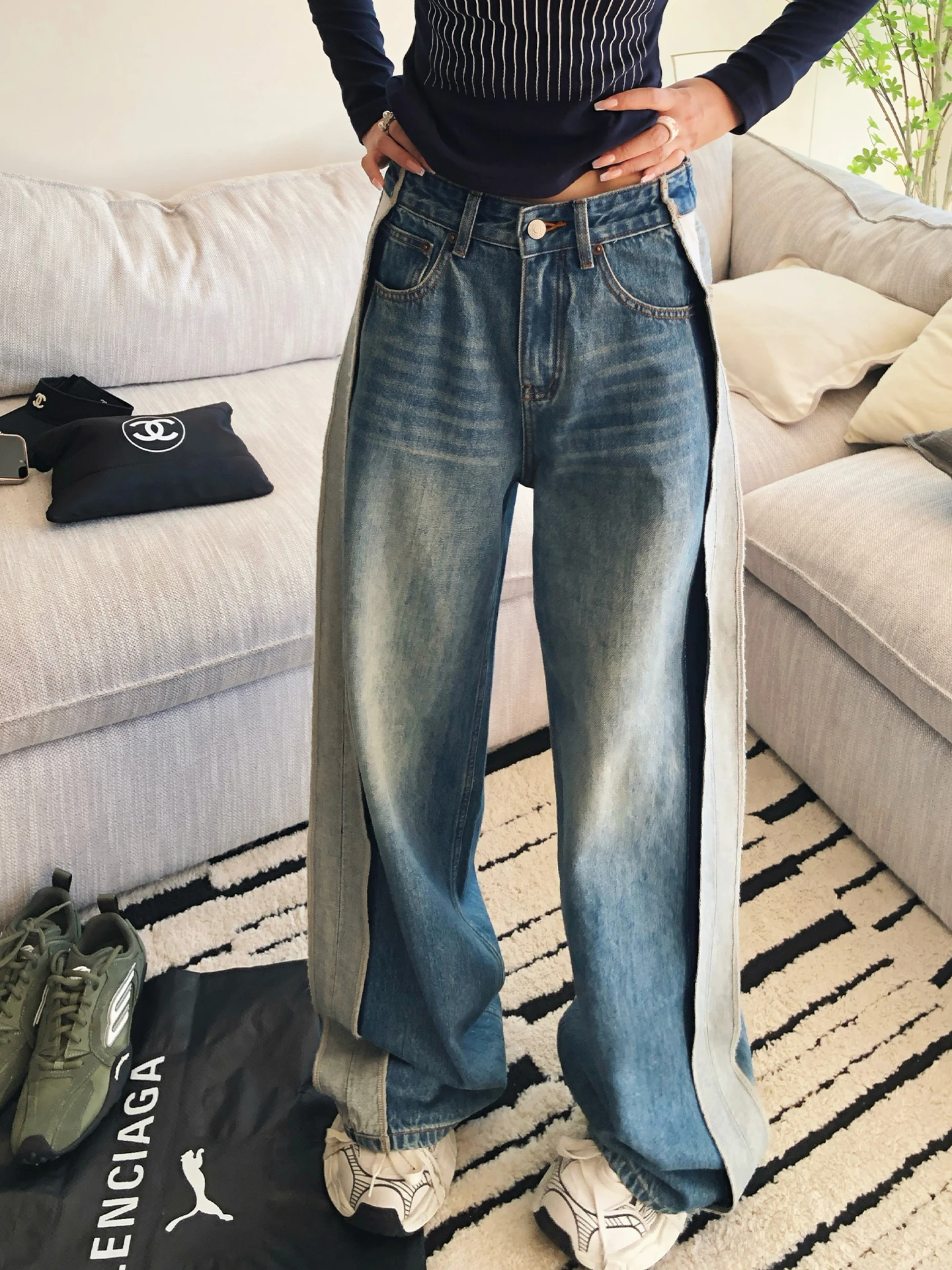

Lililiwj Original American Retro 90s Heavyweight Waed Wide Leg Denim Jeans Women's Knife Wide Leg Denim Blue Cotton
