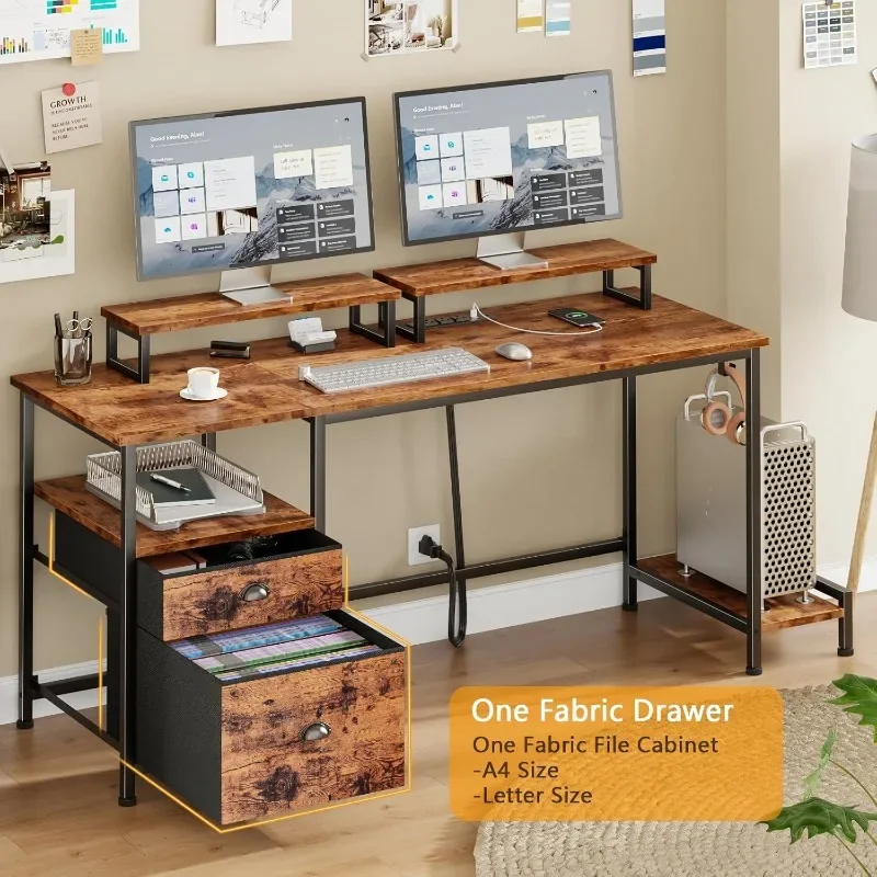 مكتب كمبيوتر ريفي مقاس 47 بوصة، ومحطة عمل مع خزانة ملفات، وحوامل ومنافذ مزدوجة الشاشة