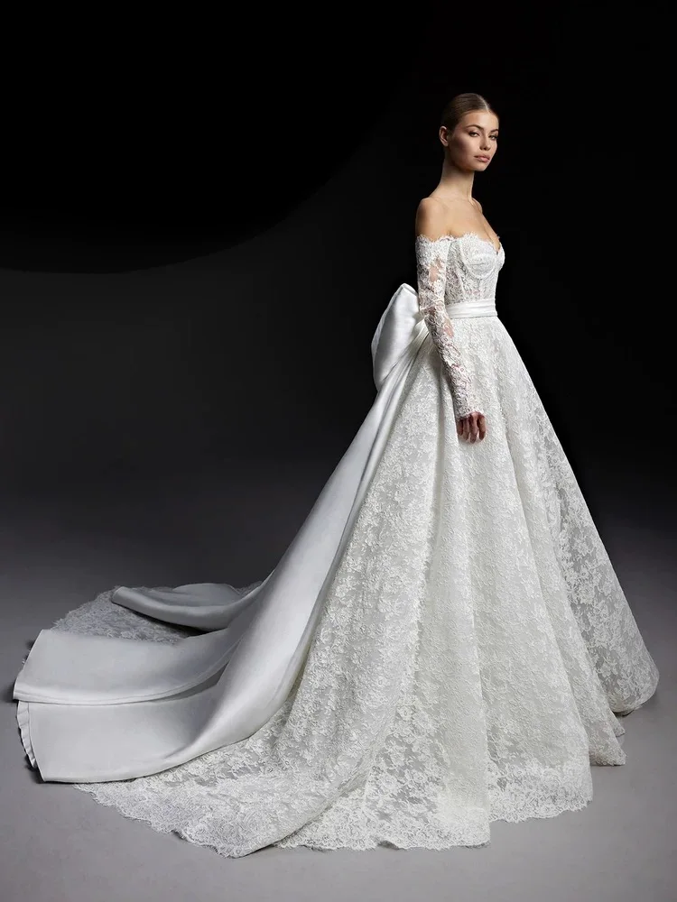 Customized Luxury Long Sleeve Wedding Dresses Removable Bow Lace Bridal Gown Off Shoulder Sleeves Sweetheart Vestidos De Noi