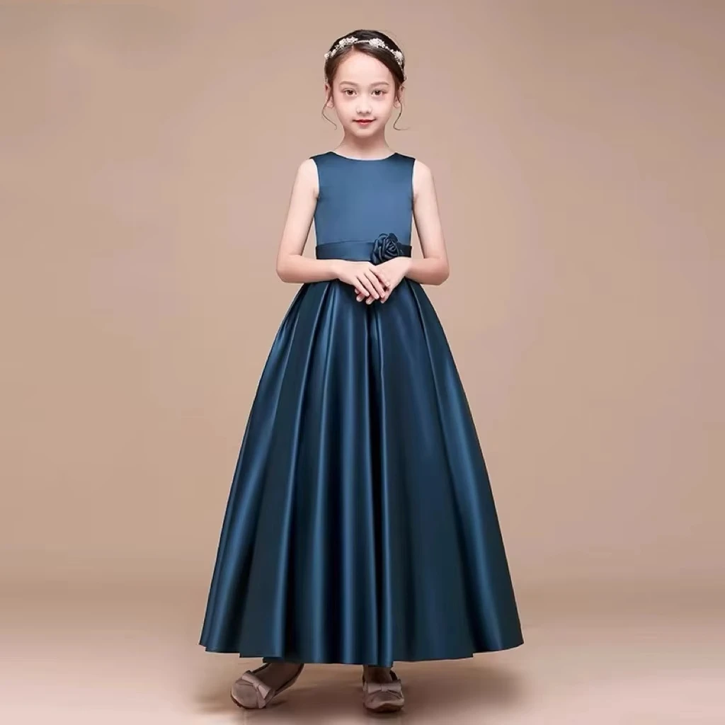 Girl Long Elegant Party Princess Flower Girl Catwalk Show Clothes Costumes Dress with Floral Decoration Puffy Skirt for Birthday