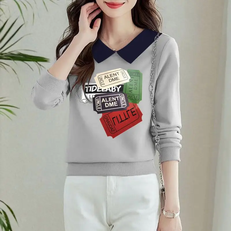 Office Lady Fashion Flower Letter Printing Pullover con colletto rovesciato abbigliamento donna manica lunga primavera autunno top eleganti