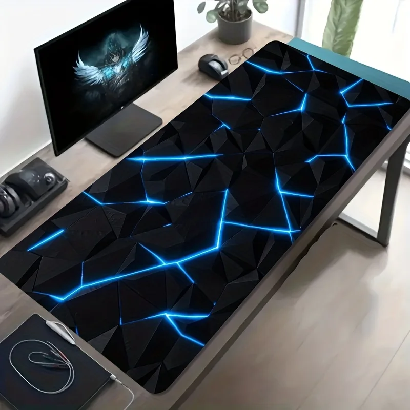 Black Geometric Blue Light Gaming Mouse Pad XL Non-Slip Rubber Desk Mat for Computer Office Accessories