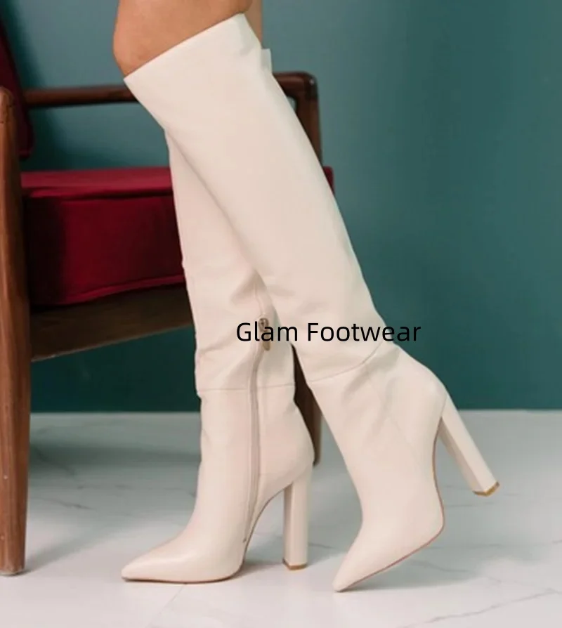 Sexy Newest Paris Matte Leather Thick Chunky Heels Boots Pointed Toe Zipper Tight Knee High Boots Brown Black Leather Tall Boots