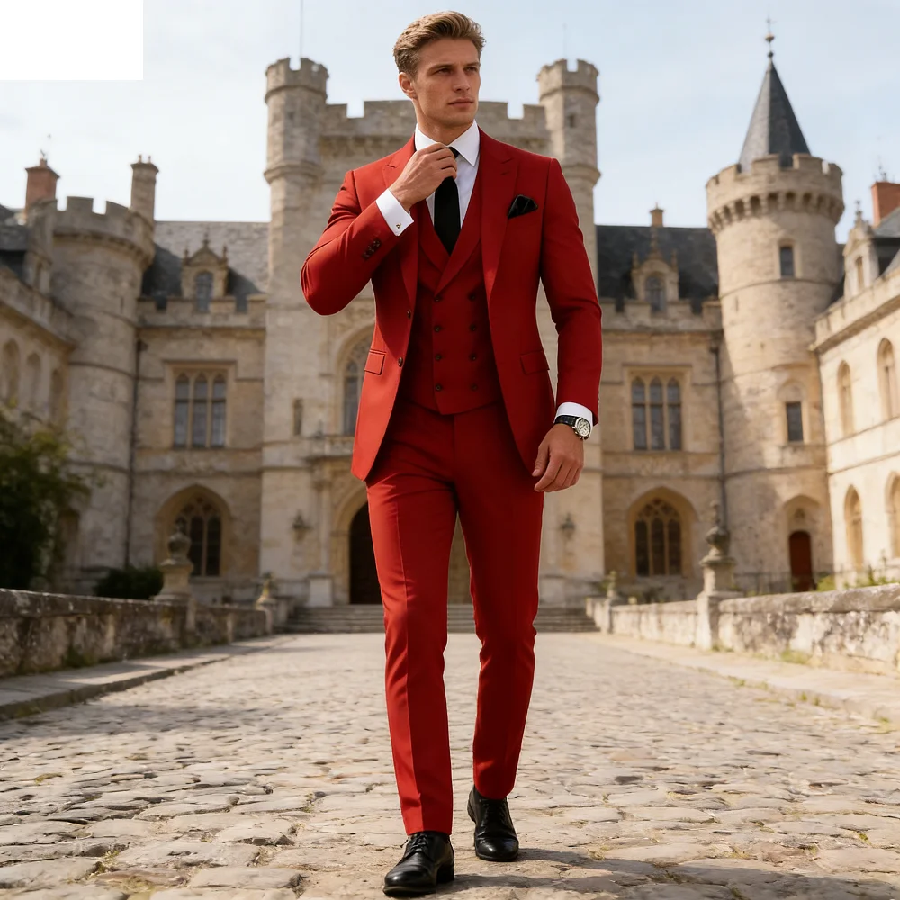 

Мужской свадебный костюм-тройка Slim Fit: пиджак, двубортный жилет и брюки — формальный мужской костюм