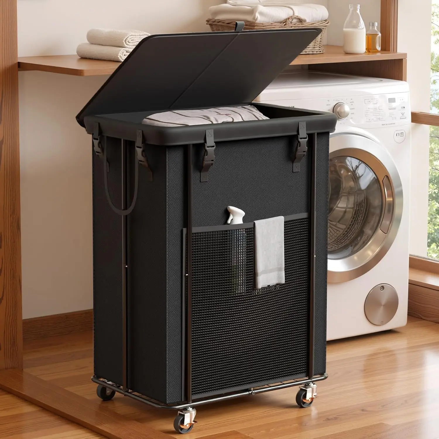 

Корзина для белья на колесиках 220 л с крышкой, металлическим каркасом и съемным мешком для спальни, ванной комнаты