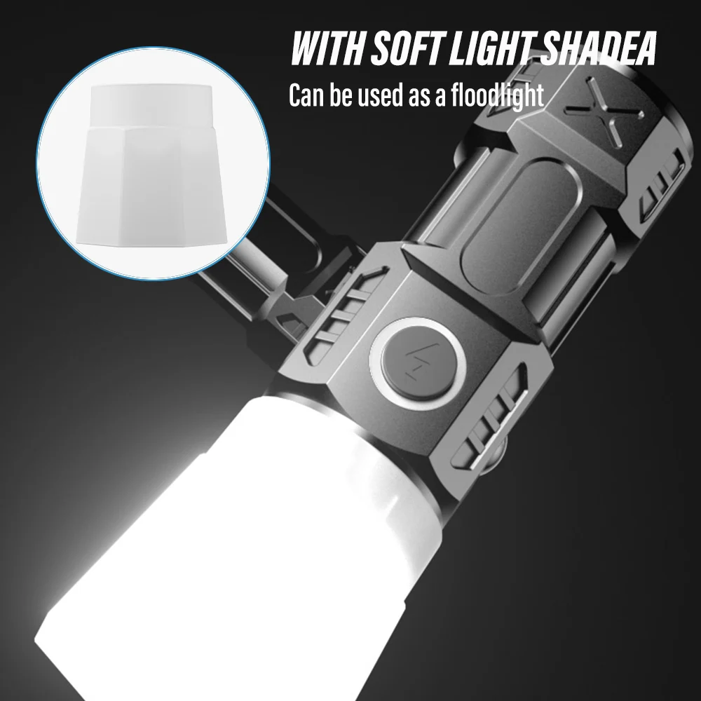 Mini Led Flashlight USB Rechargeable Torch Powerful Work Light with Side Light and Shade Camping Lantern with Tail Magnet