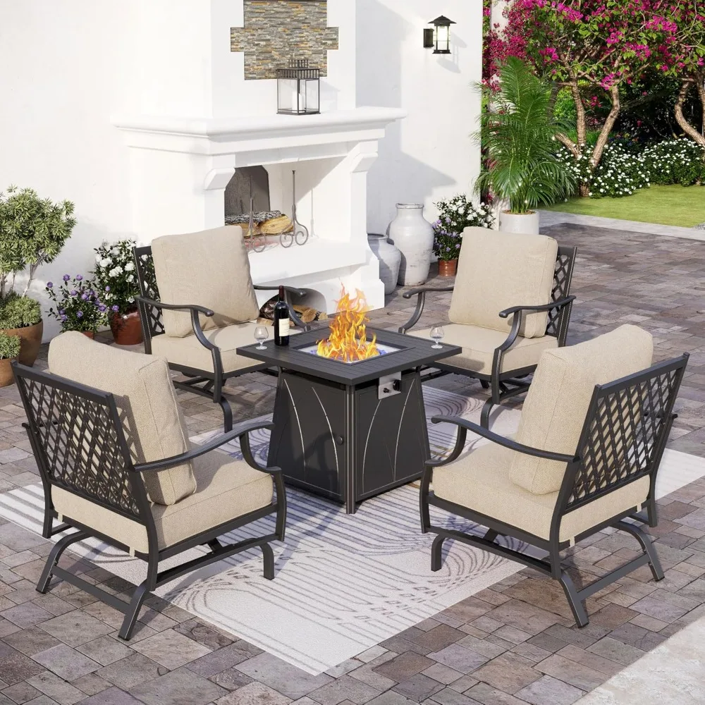 Patio Furniture Set with Firepit Table, 5 Piece Metal Outdoor Patio Furniture Set for 4, 4 Rocking Chairs with 5.75