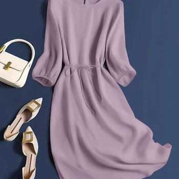 ZANZEA 2024 여름 벨트 스트레이트 로브, 캐주얼 솔리드 미디 롱 원피스, 3/4 퍼프 슬리브 선드레스, 패션 라운드넥