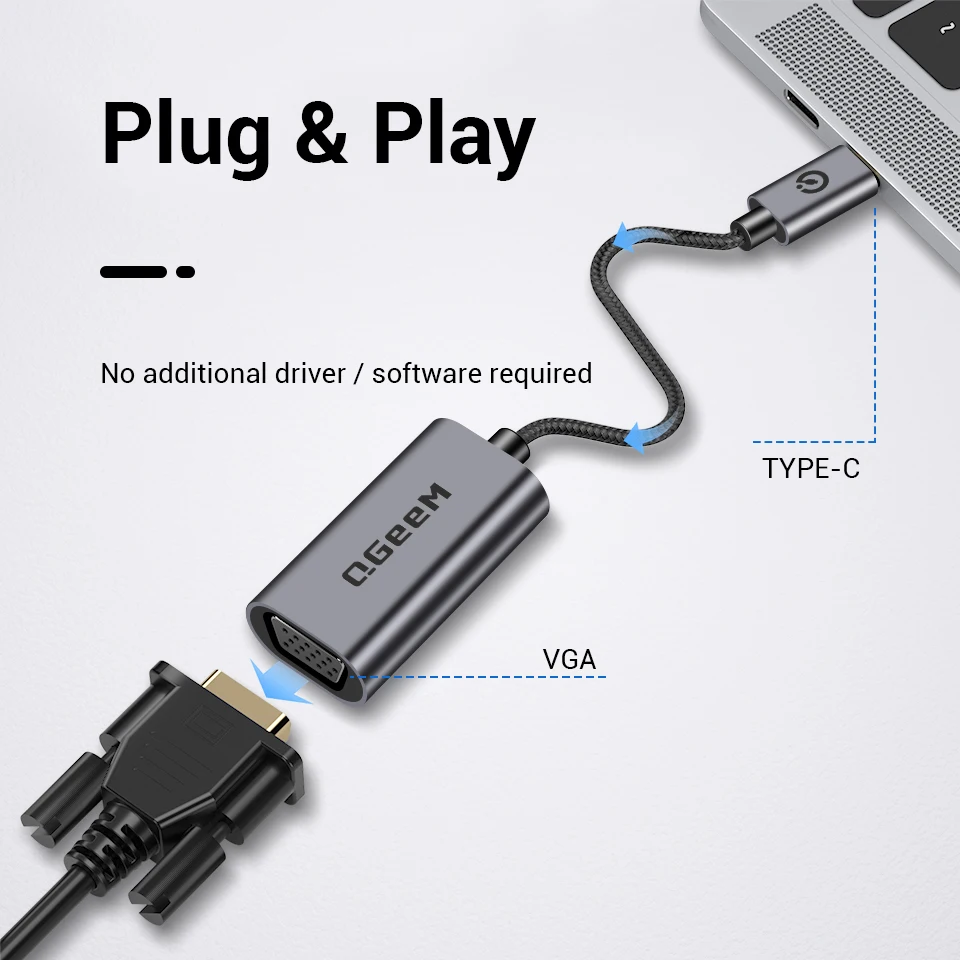 QGeeM USB C to VGA Cable USB3.1 Type C to Female VGA Adapter Cables for Macbook Pro Xiaomi Laptop Huawei Mate 30 P30 Samsung S20