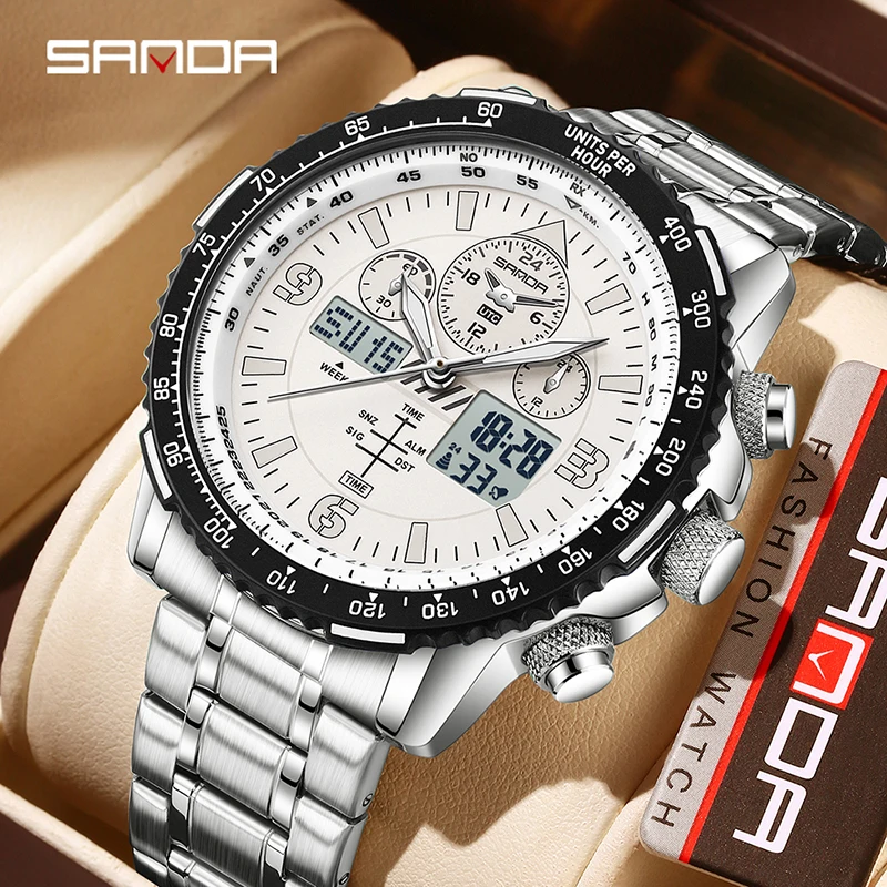 

SANDA6362 dual display electronic quartz men's watch 5ATM waterproof night light multifunctional stopwatch timing alarm clock