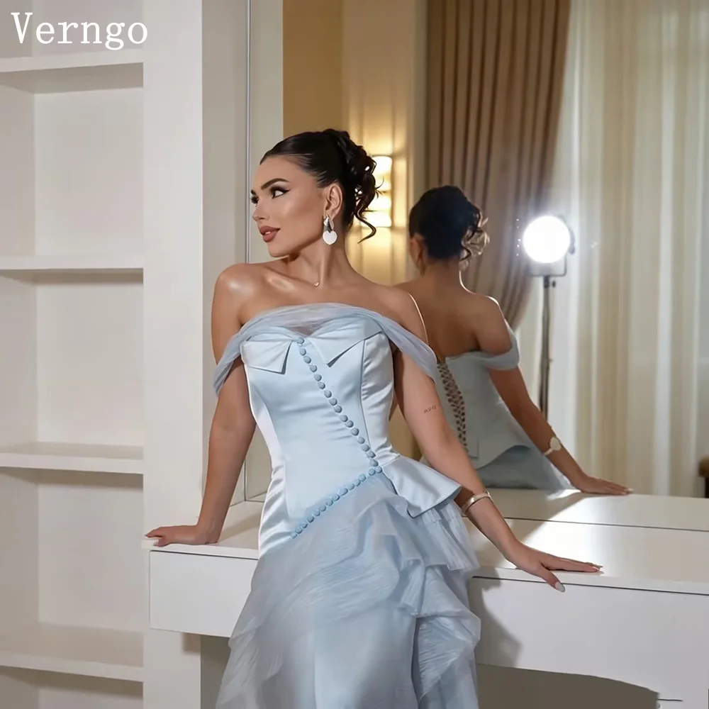 

Verngo Sky Blue Chiffon Off The Shoulder Evening Dress Elegant Tiered A Line Party Dress Croset Wedding Guest Dress Customized