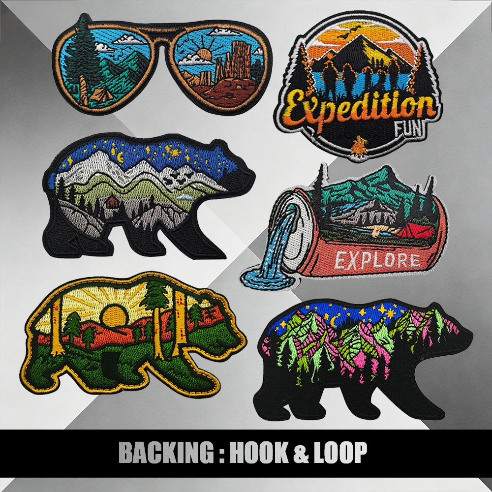 

Outdoor Adventure Embroidered Patches Scenery Landscape Camping Glasses Shaped DIY Decor for Backpack Jacket