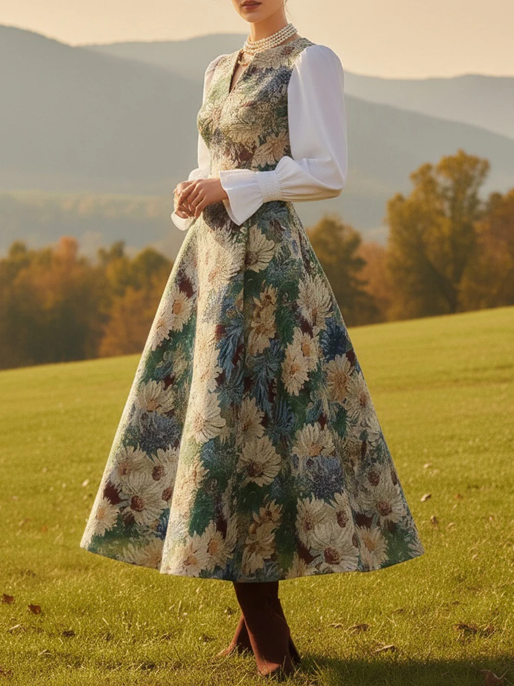Robe longue à imprimé Floral pour femmes, tenue de soirée dans le jardin, coupe cintrée, élégante, col en v, manches lanternes, printemps, nouvelle collection 2026