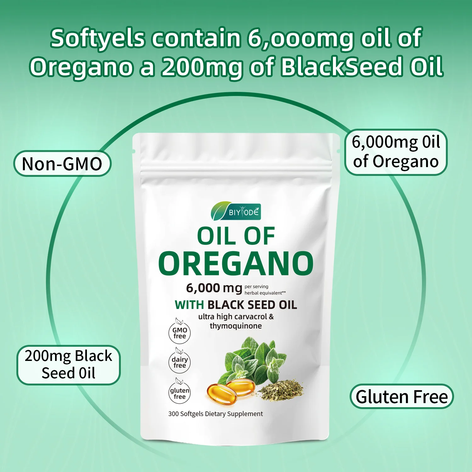 زيت أوريجانو 300 كبسولة هلامية 6000 مجم لكل تخدم بزيت البذور السوداء - مضادات الأكسدة الطبيعية لدعم اللياقة البدنية الغذائية