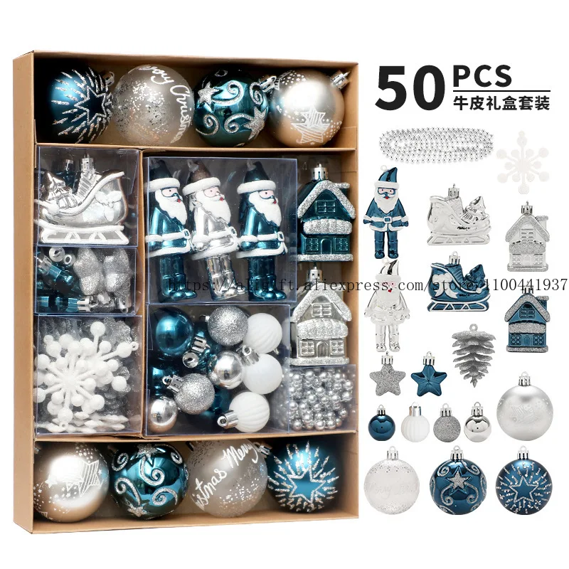 クリスマスデコレーション-50個-ブルーとシルバーのペイントボールセット-ペンダント-クリスマスツリーデコレーションペンダント