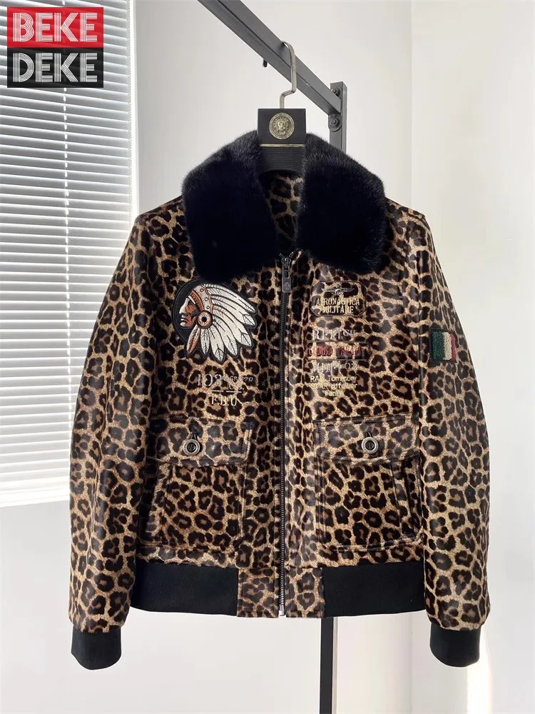 High Quality Mens Genuine Leather Jacket Mink Fur Collar Zipper Fashion Designer Embroidery Leopard Pattern Slim Fit Short Coat