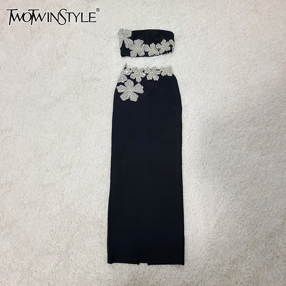 

TWOTWINSTYLE Slim Fit Solid Two Piece Sets For Women Strapless Sleeveless Top High Waist Skirt Sexy Set Female Style KSE542098