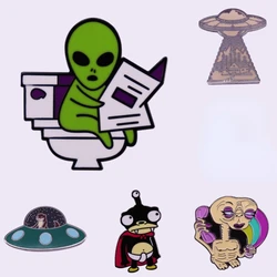 Pin Club | Strange Alien Brooch Creative Read The Newspaper Custom Lapel Hat Badges UFO Space Cartoon Accessories Gift Wholesale