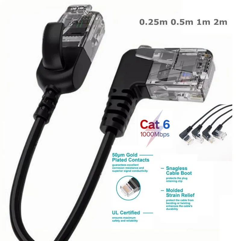 

25cm Cat 6 Ethernet Cable 90° Angled , Ultra Thin & Slim Rj45 LAN Cord Gigabit Applicable for Mac, PC, Router, Ps4/5, (Black)