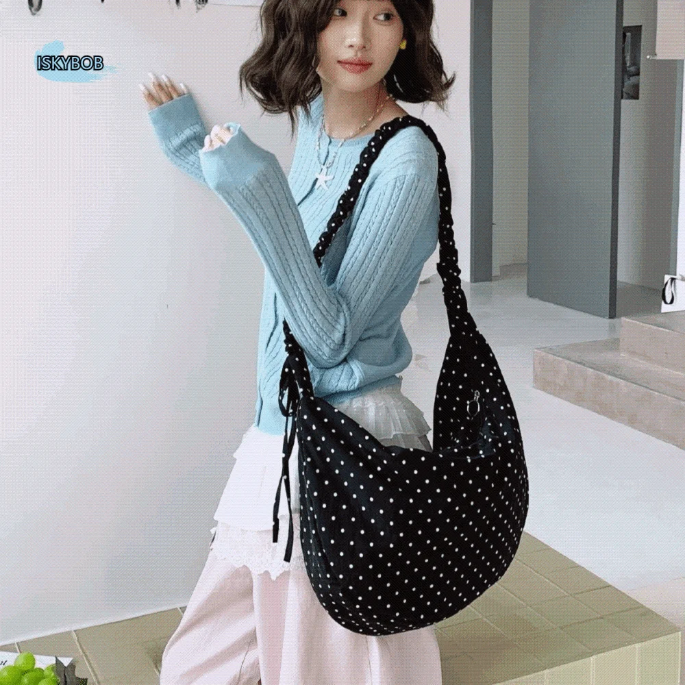 

Adjustable Polka Dot Nylon Crossbody Bag Korean Style Drawstring Pleated Shoulder Bag Prined Large Capacity Canvas Dumpling Bag