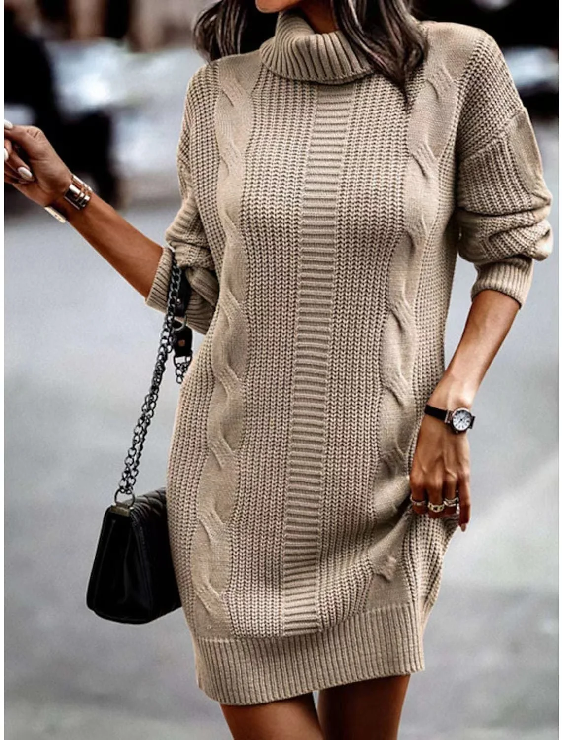 2024 New Autumn Winter Turtleneck Knit Sweater Dress Women Cross Long Spring Khaki Spring Sexy Dresses Vestido Streetwear Jumper