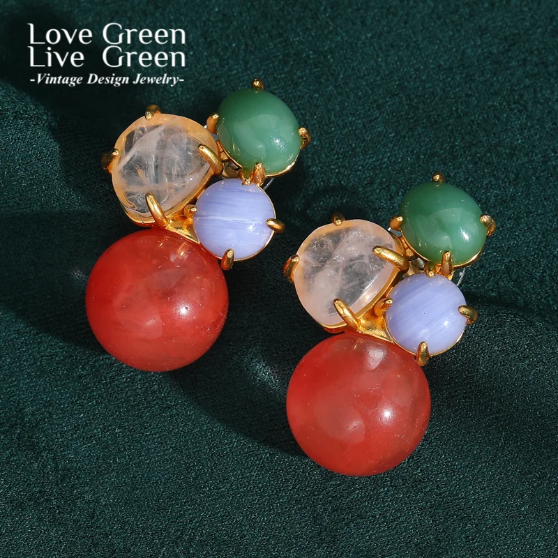 

Vintage Jewelry Pink Natural Stone Elegant Stud Earrings Gold Color Woman 2025 New Unique Quality Luxury Designer Christmas