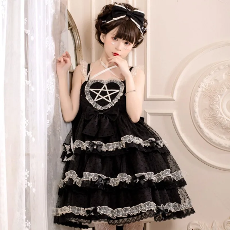 

Black Goth Lolita Jsk Dress Lovely Suspender Jsk With Bowtail Vestido Daily Loli Wear Clothes New Kawaii Summer Anime Girls