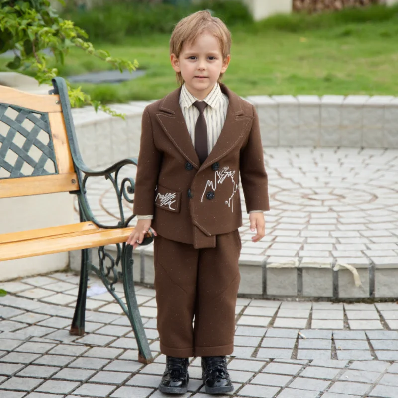 Spring Autumn Kids Brown Blazer Set Boys Wedding Birthday Photography Outfit School Children's Piano Host Performance Costume