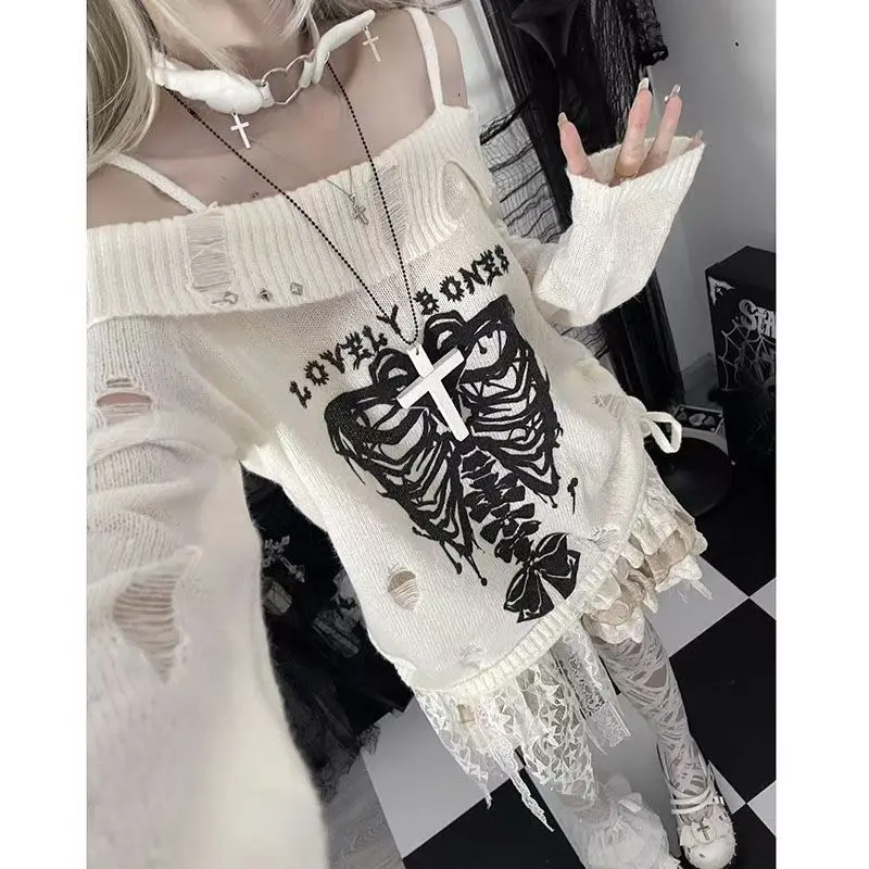 Sweater Y2k Tops Punk Skull Gothic Women Clothes Winter Streetwear Hole Kawaii Loose Outerwears Pullovers Sweater Femme Clothing