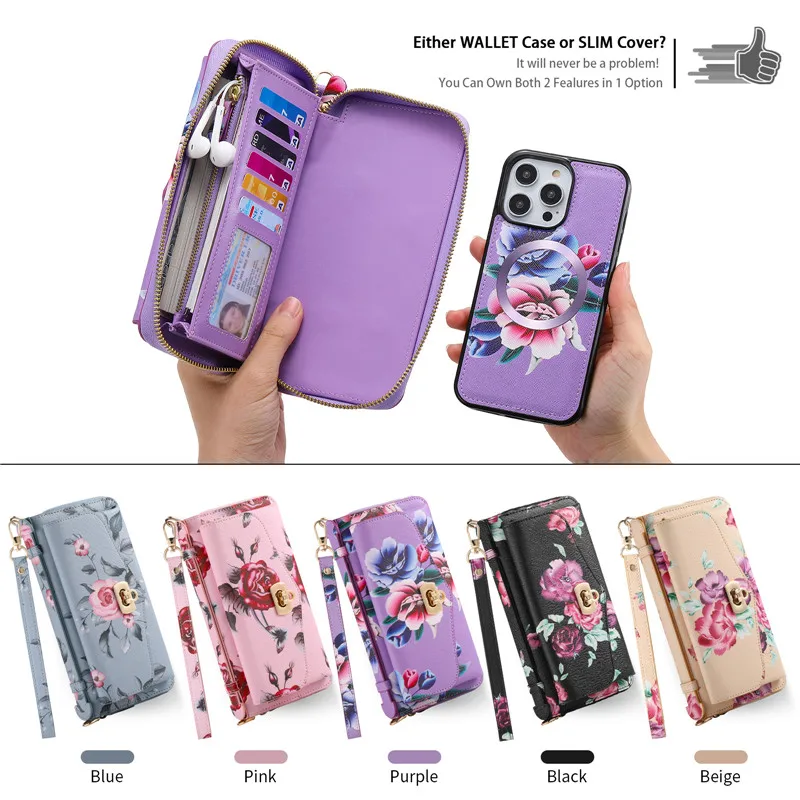 Retro Flower Multi-function Case For Iphone 14 Plus 13 Mini 12 Pro Max Long Lanyard Zipper Leather Magnetic Wallet Split Cover